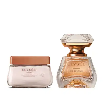 Dois itens da marca Elysée: um frasco de vidro com líquido bege de Eau de Parfum com tampa dourada em forma de cristal facetado, e um pote de creme acetinado corporal branco com tampa dourada.
