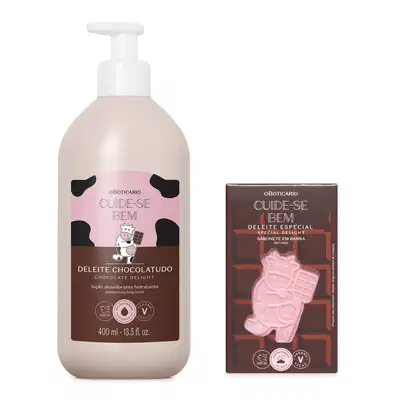 O produto de beleza apresentado na imagem é uma loção hidratante corporal da linha Cuide-se Bem, com fragrância de chocolate. Além do frasco, há também uma barra de sabonete em formato de personagem.
