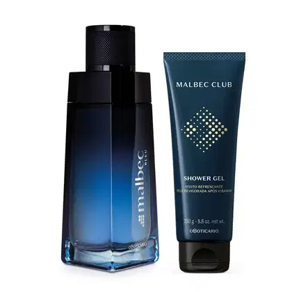 Conjunto de perfumaria Malbec Bleu com frasco geométrico na cor azul degradê para preto de desodorante colônia e gel de banho Malbec Club em bisnaga azul petróleo com detalhes em branco e amarelo.
