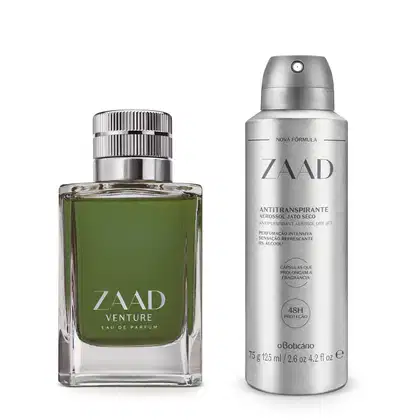 Dois itens de perfumaria, sendo um frasco de eau de parfum de vidro transparente com líquido verde da marca Zaada Venture e um desodorante aerossol em tubo prateado da marca Zaad.