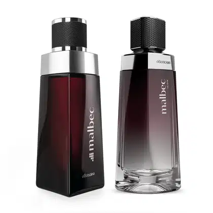 Dois frascos de item de perfumaria, sendo um Malbec original em frasco de vidro marrom com detalhes prateados e um Malbec Icon em frasco de vidro degradê de marrom, ambos com design angulado e prata e tampa prateada com detalhe texturizado preto.