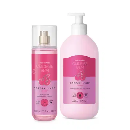 Dois itens da marca Cuide-se Bem Cereja Livre, sendo um frasco transparente com líquido rosa e pulverizador dourado de body splash e frasco branco com bomba dosadora de loção hidratante corporal, ambos com rótulo rosa e roxo com cereja ilustrada.