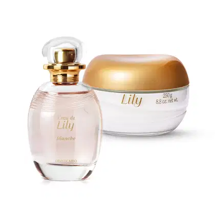Dois produtos da marca Lily: um frasco de 75ml de L'eau de Lily Blanche em forma ovalada com líquido bege e tampa dourada e um pote com creme branco e tampa dourada de creme corporal acetinado Lily de 250g.