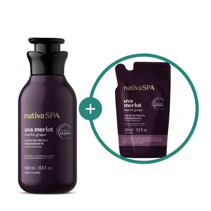 Embalagem de loção corporal Nativa SPA Uva Merlot em frasco roxo escuro com tampa dosadora preta e refil do mesmo produto em fundo roxo escuro com detalhes dourados e letras brancas de mesma marca.
