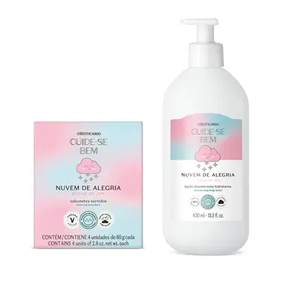 Itens da marca Cuide-se Bem Nuvem de Alegria: caixa contendo quatro sabonetes em barra de 80g cada e frasco branco com bomba dosadora de loção hidratante corporal. Ambos com rótulo em tons de branco, azul e rosa com nuvem ilustrada.