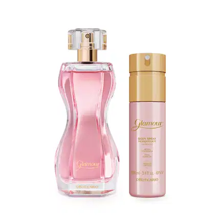 Dois itens da marca Glamour: vidro curvilíneo transparente com líquido rosa e pulverizador dourado contendo 75ml de desodorante colônia e frasco rosa com tampa e letras douradas contendo 100ml de body spray.