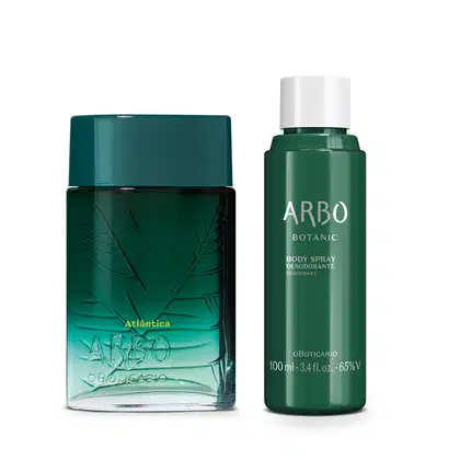 Dois itens da marca Arbo: frasco de vidro com degradê de verde para transparente de desodorante colônia da linha Atlântica e frasco de body spray verde com letras prateadas da linha Botanic, ambos com design moderno e cores vibrantes.