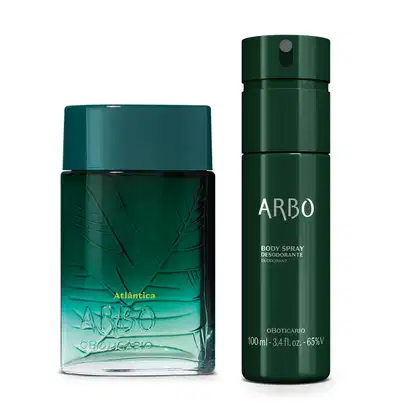 Dois itens da marca Arbo: frasco de vidro com degradê de verde para transparente de desodorante colônia da linha Atlântica e frasco de body spray verde com letras prateadas, ambos com design moderno e cores vibrantes.