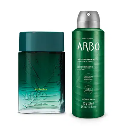 Dois itens da marca Arbo: frasco de vidro com degradê de verde para transparente de desodorante colônia da linha Atlântica e lata de antitranspirante aerossol jato seco verde, ambos com design moderno e cores vibrantes.
