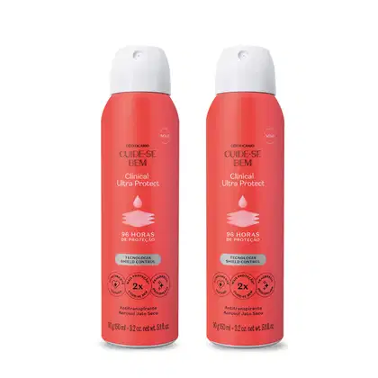 Dois frascos de desodorante aerossol vermelhos com tampas brancas da marca Cuide-se bem Clinical Ultra Protect , com rótulo informando sobre proteção por 96 horas.