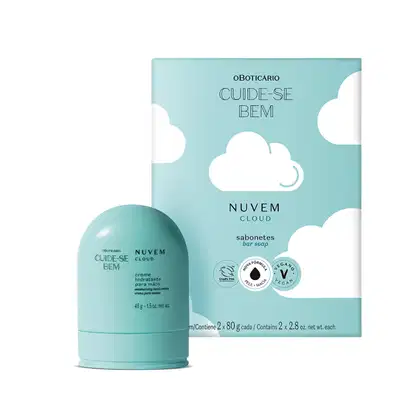 Embalagem de 45g de creme hidratante para mãos em formato arredondado na cor azul e caixa azul com ilustração de nuvens contendo dois sabonetes em barra de 80g cada.