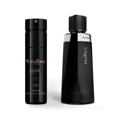Dois frascos pretos de item da marca Malbec Black, sendo um com rótulo dourado contendo 100ml de body spray e outro com design elegante e moderno, detalhe prateado e letras amarelas contendo 100ml de desodorante colônia.