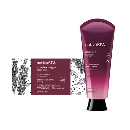 Caixa branca com rótulo roxo contendo dois sabonetes em barra de 90g cada e bisnaga de 200ml com degradê de roxo e branco e tampa preta contendo loção desodorante corporal, ambos da marca Nativa SPA Ameixa Negra.