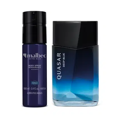 Dois frascos de produtos de perfumaria da marca Malbec: um frasco azul marinho com letras amarelas da linha Ultra Bleu e outro frasco de vidro em tons de azul com letras brancas da linha Deep Blue.