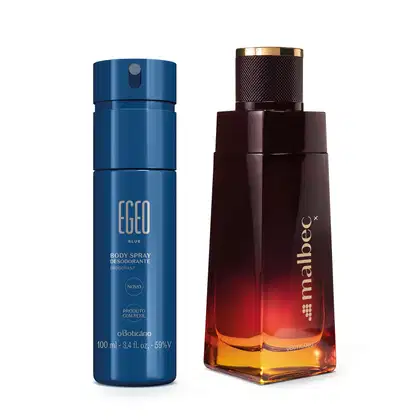 Frasco azul com rótulo dourado de body spray Ego Blue e outro frasco vinho e dourado com rótulo dourado de desodorante colônia Malbec.