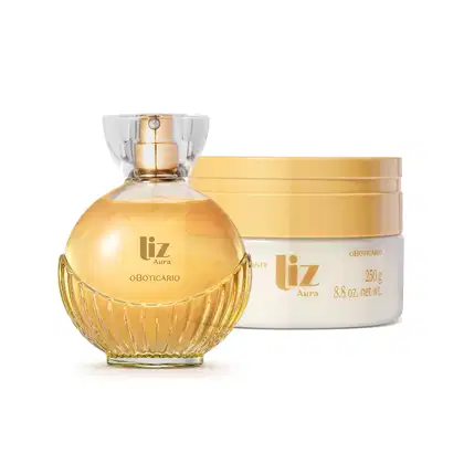 Frasco de 100ml de desodorante colônia da marca Liz Aura com formato arredondado e detalhes dourados, acompanhado de pote branco com tampa e rótulo dourado da mesma marca contendo 250g de loção hidratante corporal.