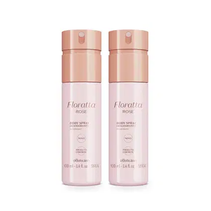 Dois frascos rosa de 100ml de body sprayl da marca Floratta Rose, com tampa dourada e texto em letras douradas,