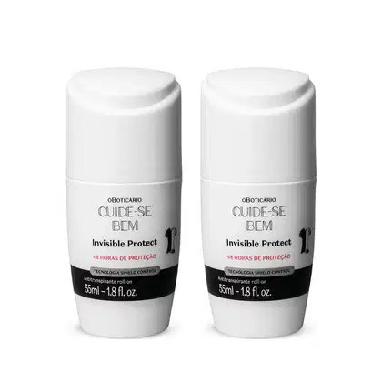 Dois frascos brancos de 55ml de desodorante antitranspirante roll-on da marca Cuide-se Bem Invisible Protect, com detalhe em preto 48 horas de proteção.