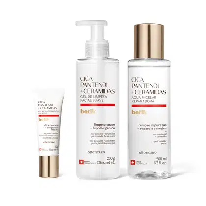 Imagem de três produtos de cuidados para pele da marca Botik Cica Pantenol e Ceramidas: gel de limpeza facial suave, água micelar reparadora e creme multireparador calmante, em embalagens de frasco, bisnaga e pote, nas cores branco com detalhe laranja.