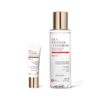 Dois produtos de cuidados para a pele da marca Botik Cica Pantenol e Ceramidas: um frasco de água micelar reparadora e um creme multireparador calmante em bisnaga. Ambos em embalagem branca com detalhe laranja e tampa prateada.
