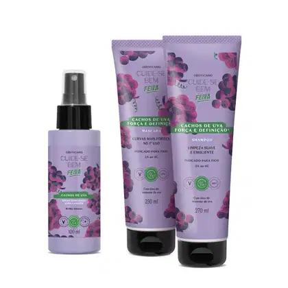 Imagem de produtos para cabelos da marca Cuide-se bem Feira Cachos de Uva, incluindo spray perfumado, shampoo e máscara, com embalagens em tons de roxo destacando cachos de uva e informações sobre uso para fios.