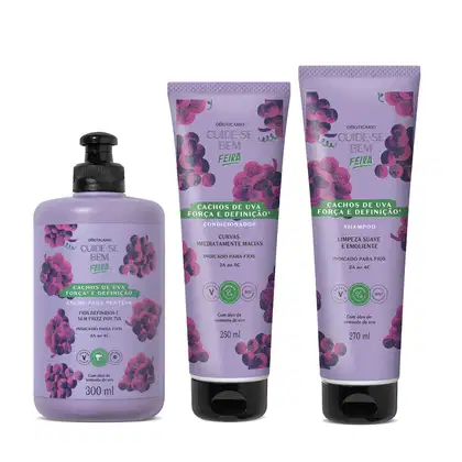 Imagem de kit de produtos para cabelos da marca Cuide-se Bem Feira CAchos de Uva com shampoo, condicionador e creme para pentear, com embalagens em tons de roxo e cachos de uva ilustrados.