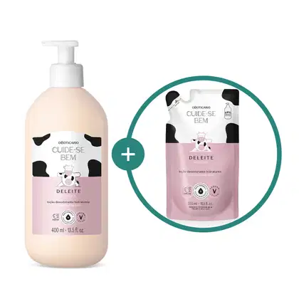 Imagem de duas embalagens de loção hidratante corporal Cuide-se Bem Deleite, sendo um frasco branco e um refil em sachê. Ambos trazem as cores branca e rosa com manchas pretas e ilustração de vaca.