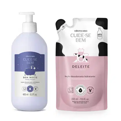 Imagem de duas embalagens contendo loção hidratante corporal Cuide-se Bem, sendo uma branca com rótulo azul e ovelha ilustrada da linha Boa Noite e um sachê rosa e branco da linha Deleite.