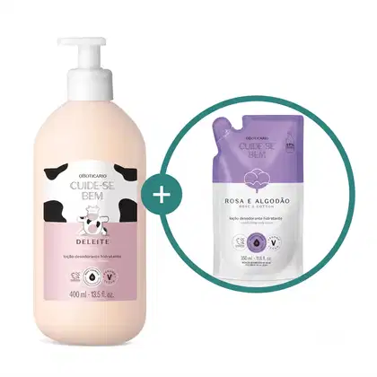 Imagem de duas embalagens de loção hidratante corporal Cuide-se Bem: um frasco branco com bomba dosadora e rótulo rosa e branco da linha Deleite e um sachê lilás e branco da linha Rosa e Algodão.