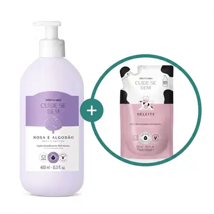 Imagem de duas embalagens de loção hidratante corporal da marca Cuide-se Bem: um frasco branco com bomba dosadora e rótulo lilás e branco da linha Rosa e Algodão e um sachê rosa e branco da linha Deleite.