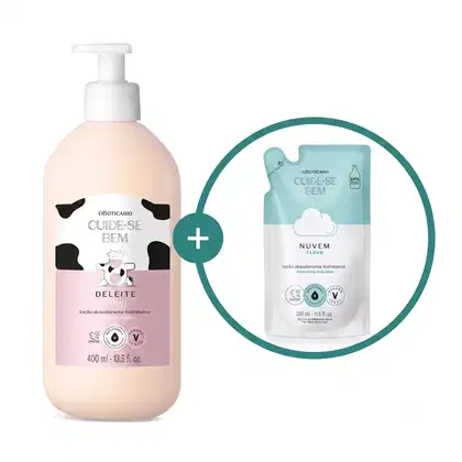 Imagem de duas embalagens de loção hidratante corporal Cuide-se Bem: um frasco branco com tampa dosadora e rótulo em branco e rosa com ilustração de vaca da linha Deleite e um refil em sachê nas cores branca e azul com ilustração de nuvem da linha Nuvem.