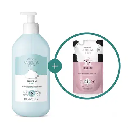 Imagem de duas embalagens de loção hidratante corporal da marca Cuide-se Bem: um frasco branco de 400 ml com bomba dosadora e rótulo azul claro da linha Nuvem, e um refil em sachê branco, preto e rosa de 350ml com ilustração de vaca da linha Deleite.