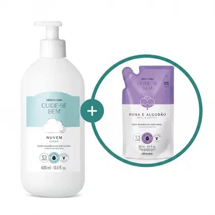 Imagem de duas embalagens com loção hidratante corporal Cuide-se Bem, sendo um frasco branco com rótulo azul-claro e branco da linha Nuvem e um sachê roxo e lilás da linha Rosa e Algodão.