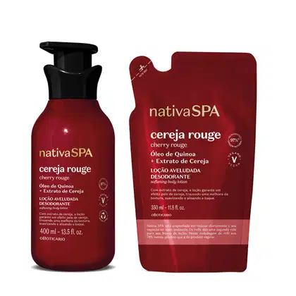 Imagem de duas embalagens de loção hidratante corporal Nativa SPA Cereja Rouge, sendo um frasco com tampa dosadora preta e um refil em sachê. Ambos são vermelho-escuro com letras douradas e brancas.
