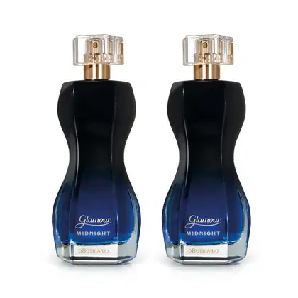 Imagem de dois frascos de item de perfumaria da marca Glamour Midnight, com embalagem em degradê de preto para azul escuro, rótulo com letras douradas, borrifador dourado e tampa transparente. O recipiente conta com 75ml da fragrância.
