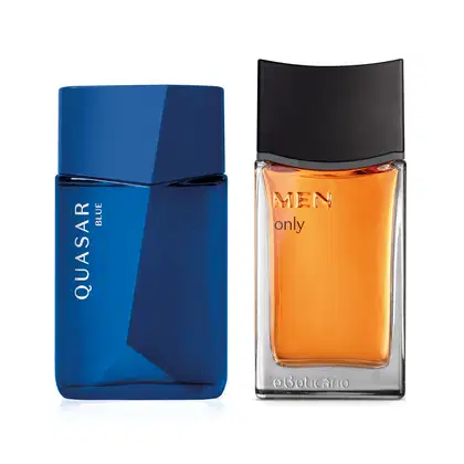 Imagem de dois frascos de desodorante colônia masculino: um todo azul e letras amarelas da marca Quasar Blue e outro transparente com líquido laranja da marca Men Only.