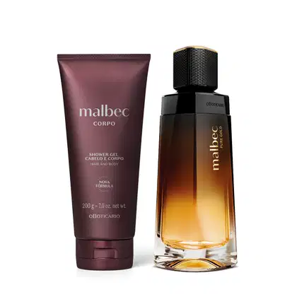 Imagem de dois produtos da marca Malbec Pure Gold: um frasco de desodorante colônia preto e dourado e um tubo de gel de banho de cor vinho com rótulo cinza.