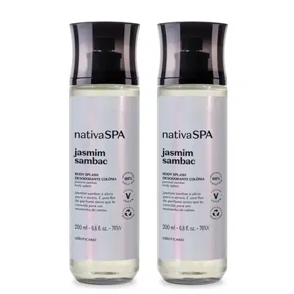 Dois frascos de 200 ml da linha Nativa SPA, com design preto e branco, contendo o produto "Jasmim Sambac" - um splash corporal desodorante de colônia com aroma de jasmim.