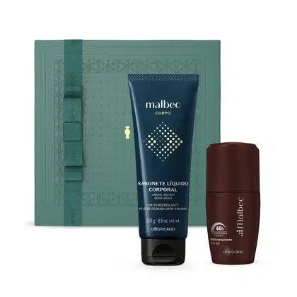 Imagem de frasco de sabonete líquido da marca Malbec em tubo azul marinho com pontos amarelos, acompanhado de desodorante antitranspirante da mesma marca em frasco marrom, e uma caixa verde com detalhe dourado.