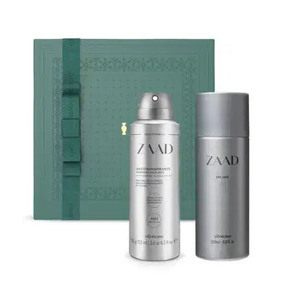 Desodorante Antitranspirante Aerossol 75g/125ml
Imagem de uma caixa verde com detalhe dourado e duas embalagens prateadas com letras cinza da marca Zaad, sendo um body splash e um desodorante antitranspirante aerossol.