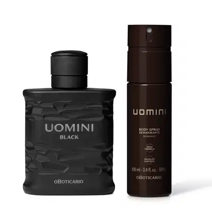 Imagem de um frasco quadrado com textura de desodorante colônia Uomini Black e um frasco marrom com letras amarelas e frasco marrom de body spray da mesma marca.