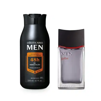 Imagem de um vidro transparente com líquido cinza e tampa preta com detalhe vermelho de desodorante colônia Men Galbe e um frasco preto com detalhes laranja e letras brancas de loção hidratante corporal da mesma marca.