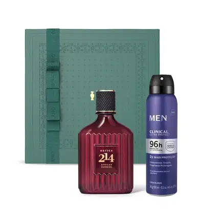 Imagem de um vidro de Eau de Parfum da marca Botica 214 em tom vermelho escuro com detalhes dourados, acompanhado de embalagem verde cde desodorante aerossol da marca Men e caixa de presente verde escura.