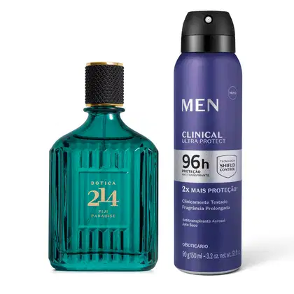 Imagem de dois frascos de produtos de perfumaria: um frasco de vidro verde com rótulo dourado da marca Botica 214 Fiji Paradise, e um desodorante antitranspirante aerossol azul da marca Men Clinical Ultra Protect com texto informativo.