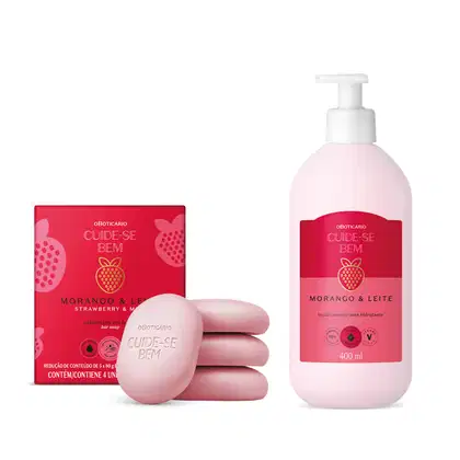 Imagem de uma caixa vermelha, quatro sabonetes em barra na cor rosa e frasco branco de loção hidratante corpora, todas em tons de vermelho, rosa e branco da marca Cuide-se Bem Morango e Leite, exibindo imagens de morangos nas embalagens.