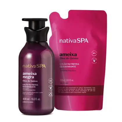 Imagem de duas embalagens contendo loção hidratante corporal Nativa SPA: um frasco vinho com tampa preta da linha Ameixa Negra e um refil em sachê rosa vibrante d linha Ameixa.