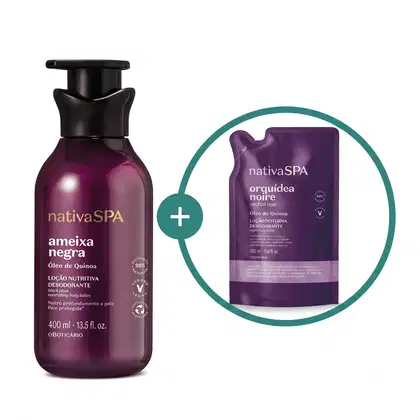 Imagem de duas embalagens de loção hidratante corporal Nativa SPA sendo um frasco vinho com tampa preta da linha Ameixa Negra e um sachê roxo da linha Orquídea Noire.