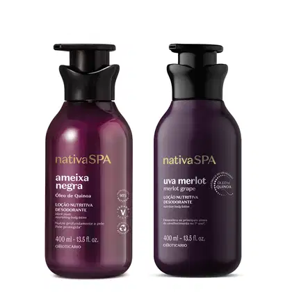 Imagem de dois frascos em dois tons diferentes de roxo com tampa preta e letras douradas e brancas contendo loção hidratante corporal Nativa SPA, sendo uma da linha Ameixa Negra e outra da linha Uva Merlot.