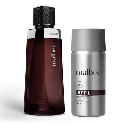 Imagem de dois frascos de desodorante colônia da marca Malbec: um frasco vinho com detalhe prateado e outro frasco prateado com rótulo branco.