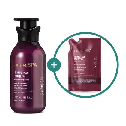 Imagem de dois itens da marca Nativa SPA Ameixa Negra: frasco de loção corporal na cor roxa com tampa preta e refil do mesmo produto em embalagem sachê na cor roxa e texto em branco.